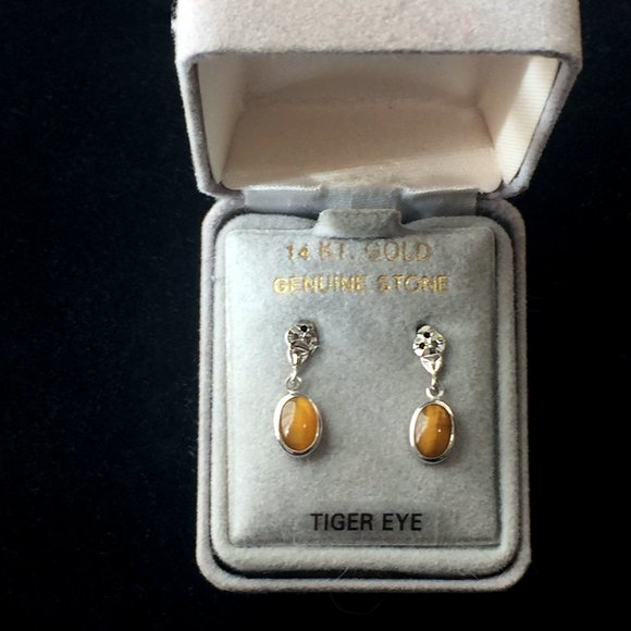 VTG UNWORN White Gold + Tiger Eye Pierced Dangling Earrings NIB - Picture 6 of 7